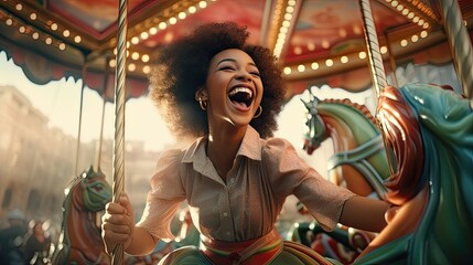 A young woman has fun on a carousel in an amusement park