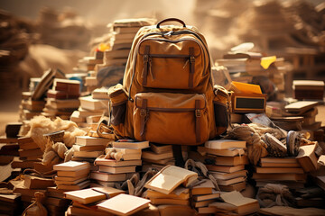 Brown backpack standing on many old, retro books, Explorer's backpack, back to school, AI generative..