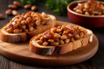 Toasts canned beans bread. Diet meal food, vegetarian slice dish. Generate Ai