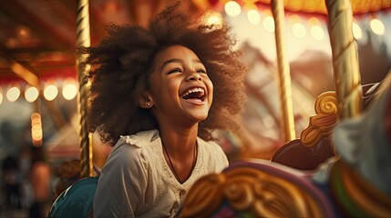 Fototapeta na wymiar A young kid has fun on a carousel in an amusement park