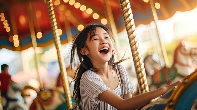 A young kid has fun on a carousel in an amusement park