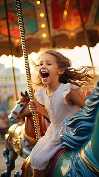 A young kid has fun on a carousel in an amusement park
