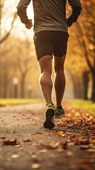 Perspective of a man's legs while jogging in a park
