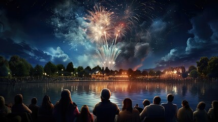 A group of people watch a fireworks show at night in front of a lake