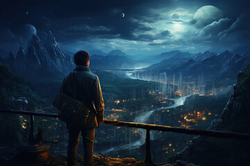 Man alone look at the mountains, at starry night, travel concept, AI Generative..