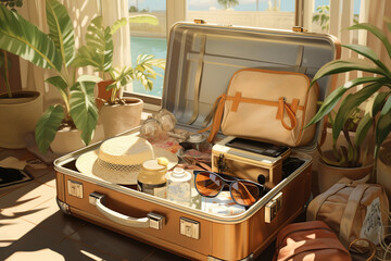 Open packed suitcase on floor in room, sunlight,  Essential vacation items, summer vacation travel concept, AI Generative.