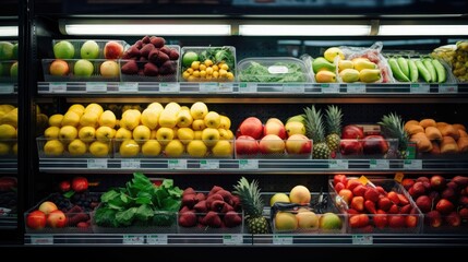 Fototapeta na wymiar Fresh fruit and vegetable shelves in a supermarket