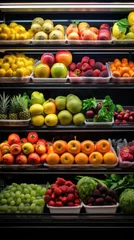Tuinposter Fresh fruit and vegetable shelves in a supermarket © Daniel