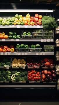 Fresh fruit and vegetable shelves in a supermarket