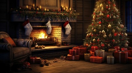Beautiful and cozy living room with a lit fireplace decorated with ornaments and a Christmas tree