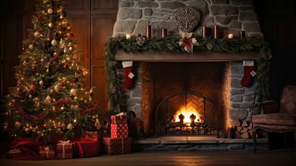 Fototapeta na wymiar Beautiful and cozy living room with a lit fireplace and decorated with ornaments and a Christmas tree