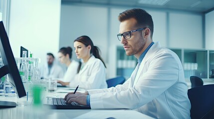 Doctor scientist in a laboratory with a group of colleagues in the background