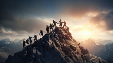 A group of successful people hikes toward the top of the mountain