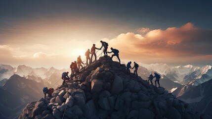 Fototapeta premium A group of successful people hikes toward the top of the mountain