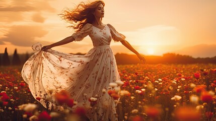 A beautiful woman dances in her flowing dress in a field of flowers during the sunset