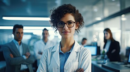 Female doctor scientist in a laboratory with other colleagues in the background - obrazy, fototapety, plakaty