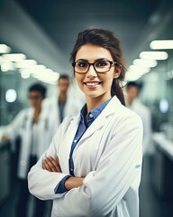 Fototapeta premium Female doctor scientist in a laboratory with other colleagues in the background
