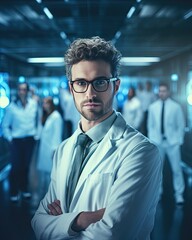 Obraz premium Young doctor scientist in a laboratory with other colleagues in the background