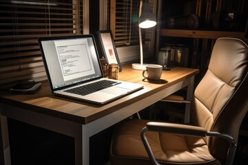 A modern laptop on a wooden tabletop. Comfortable leather chair. Remote work concept
