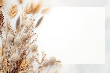 Minimal empty paper card mock up with dry leaves and wild flowers.