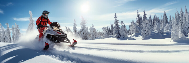 Well-equipped snowmobile driver racing through the snowy forests of Lapland, Finland - obrazy, fototapety, plakaty