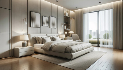 temporary side tables and soft ambient lighting. Large windows allow natural light to flood in, enhancing the room's spacious feel.