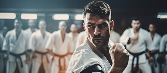 Male individuals training in a gym engaging in sparring practicing martial arts and learning self defense skills including combat jiu jitsu and MMA With copyspace for text