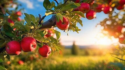 Apple orchard, sunny day, blue sky