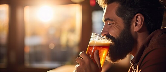 Bearded man enjoying beer at the pub With copyspace for text