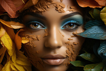 Young woman's face surrounded by colorful leaves. Woman eyes with Natural makeup, Natural cosmetic and wellness concept. Purity and skincare