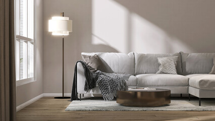 Luxury, cozy living room with gray daybed sofa, coffee table on shag rug, cabinet in sunlight from...