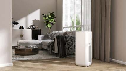 White modern design air purifier, dehumidifier on wood laminated parquet floor in gray wall living room by sofa in sunlight from window. Fresh air, healthcare, health technology background 3D