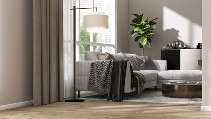 Luxury, cozy living room with gray daybed sofa, coffee table on shag rug, cabinet in sunlight from...
