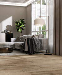 Wood laminated parquet floor of luxury living room with gray daybed sofa, coffee table on shag rug,...