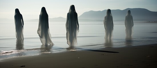 Ghostly figures resembling shadows on the shoreline With copyspace for text