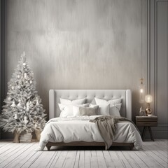 Holiday Interior Mock-Up: Scandinavian Style Bedchamber with Luxurious Furniture. 3D Rendering of Cozy Room with Wall Art, Lamp, and Plush Pillows