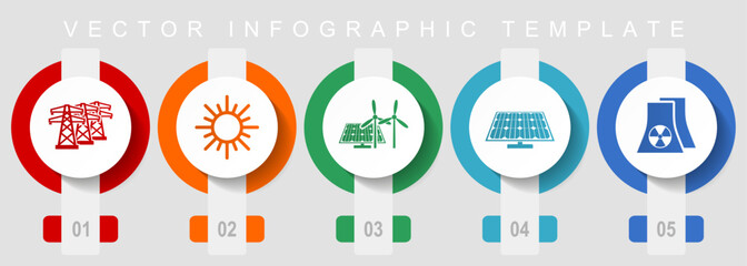 Renewable energy flat design icon set, miscellaneous icons such as power line, sun, solar panel and nuclear power plant, vector infographic template, web buttons collection