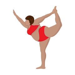 An overweight woman does gymnastics. Woman and yoga vector illustration. 
