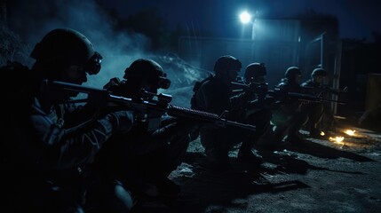 A group of military with weapons training at night