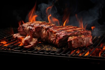 Meat steak cooking on flaming grill.