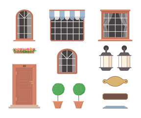 Create your own home. Constructor of house elements from brown door, windows, lanterns, plants, signs. On white background. Exterior concept for house. Vector illustration. Cartoon flat style