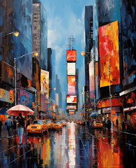 New York City, in the impasto painting style, cheerful colors, light navy and red. ideal for decoration of travel agency, hotels. vacation, destination concept. vertical composition