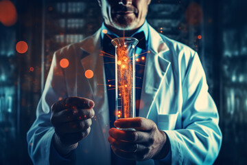 A scientist in a lab coat holds up a test tube containing a breakthrough medicine, the atmosphere in the lab is one of accomplishment and hope - obrazy, fototapety, plakaty