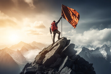 A mountaineer plants a flag at the summit of a high peak, the majestic mountain range serves as a backdrop for this significant accomplishment - obrazy, fototapety, plakaty