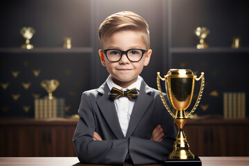 A young child stands on a stage holding a trophy, smiling broadly after winning a competitive spelling bee, a proud moment for the family - Powered by Adobe