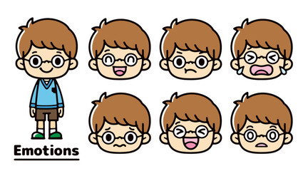Set of icons with different expressions of boys