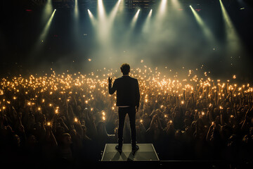 A musician stands on a concert stage, as a sea of fans hold lighters in the dark, capturing the...