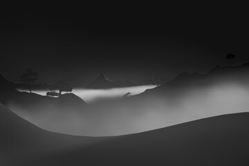 3D rendering of black and white landscape with hills and mountains covered by fog