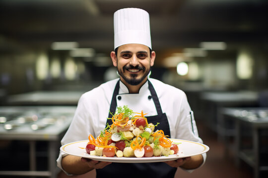 A chef stands beside an award-winning dish during a culinary competition, the pride and relief evident in the smile, a moment of professional validation