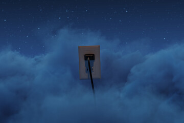 3D rendering of socket with plug in front of blue night clouds